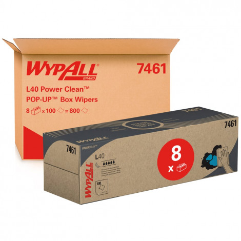 WypAll® L40 Power Clean™ POP-UP™ Box Wipers 7461 - Wiping Paper – 8 Boxes x 100 White Cleaning Wipers (800 Total)